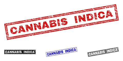 Grunge CANNABIS INDICA rectangle stamp seals isolated on a white background. Rectangular seals with grunge texture in red, blue, black and grey colors.