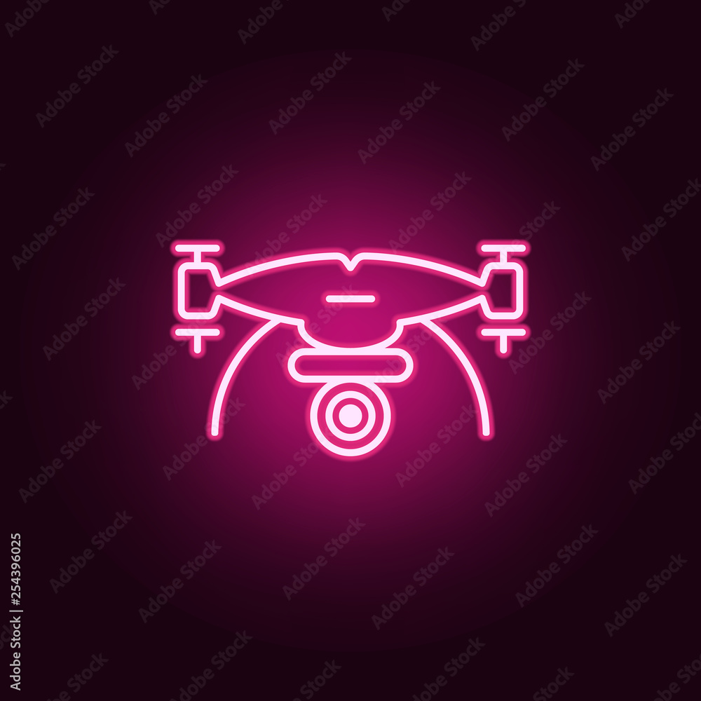 Poster drone with camera icon. elements of drones in neon style icons. simple icon for websites, web design