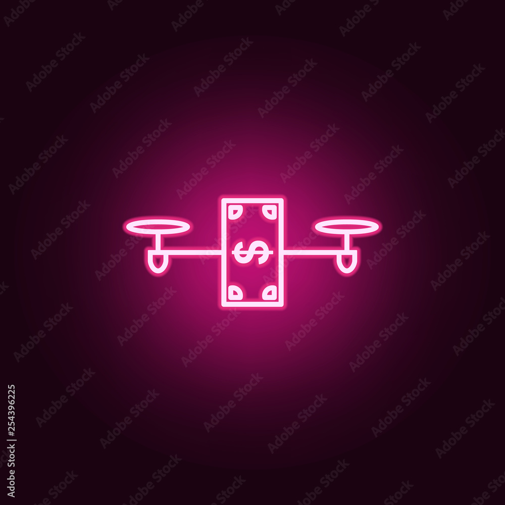 Poster drone with money icon. elements of drones in neon style icons. simple icon for websites, web design,