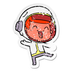 distressed sticker of a happy cartoon astronaut