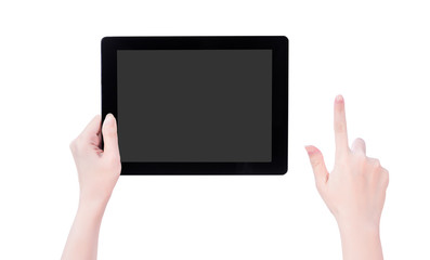 Young beautiful girl holding a black tablet pc template with gray screen isolated on white background, close up, mock up, clipping path, cut out