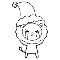 line drawing of a crying lion wearing santa hat