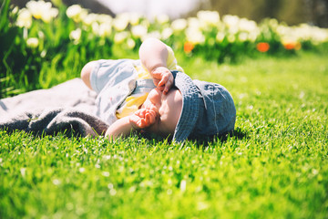 Baby in green grass of tulip field at springtime