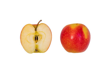 Two halves of a red Apple on a white background.