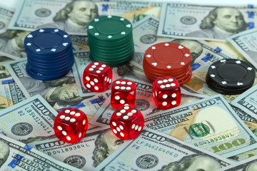 Dices Casino Casino red dices US Dollar bills background