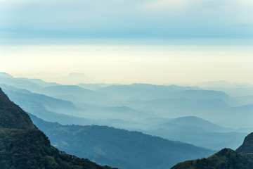 Fototapeta na wymiar mountain landscape with fog and forest Worlds End in Horton Plains National Park Sri Lanka.