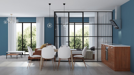 Modern house interior. Bedroom with glass partitions.  3D rendering.