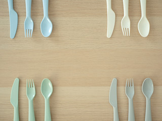 Plastic spoon and fork, bright color