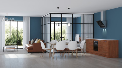 Modern house interior. Bedroom with glass partitions.  3D rendering.