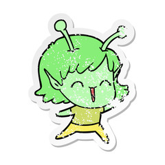 distressed sticker of a cartoon alien girl laughing