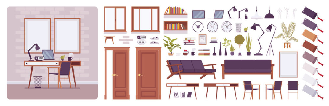 Workplace interior, home or office room creation kit, freelance working space set with furniture, constructor elements to build own design. Cartoon flat style infographic illustration, color palette