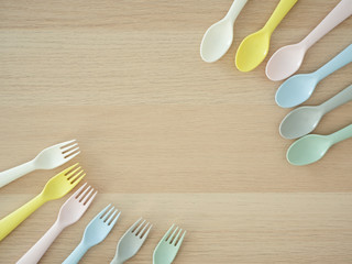 Plastic spoon and fork, bright color