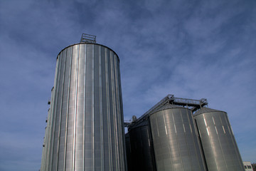 silos and blue sky,steel,industry, storage, silo, tank, factory, metal,agriculture, plant, 