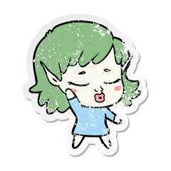 distressed sticker of a pretty cartoon elf girl