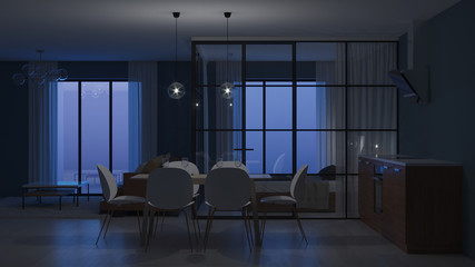 Modern house interior. Bedroom with glass partitions.  Night. Evening lighting. 3D rendering.