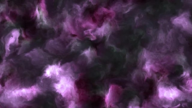 Loopable 4k video of stormy pink and purple clouds in a nebula in space, slowly moving, forming and dissolving, 4k, 3840p, 24fps