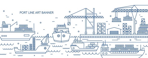 Horizontal banner with sea port, marine cargo terminal, freight vessels or ships carrying containers drawn with contour lines. Maritime transportation. Monochrome vector illustration in linear style. - obrazy, fototapety, plakaty