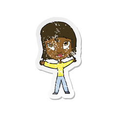 Fototapeta premium retro distressed sticker of a cartoon happy woman waving arms