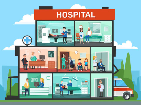 Medical office rooms. Hospital building interior, emergency clinic doctor waiting room and surgery doctors cartoon vector illustration