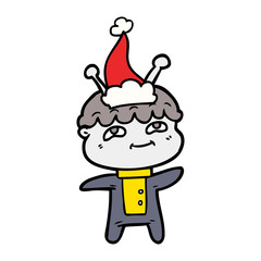 friendly line drawing of a spaceman wearing santa hat