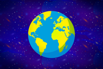 Cartoon Earth planet on wide deep space background with lots of colorful stars and galacticas