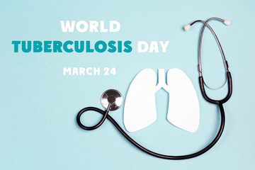 Lungs symbol with stethoscope on blue background. World Tuberculosis Day.
