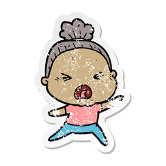 distressed sticker of a cartoon angry old woman