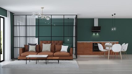 Modern house interior. Bedroom with glass partitions.  3D rendering.