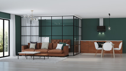 Modern house interior. Bedroom with glass partitions.  3D rendering.