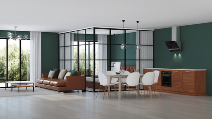 Modern house interior. Bedroom with glass partitions.  3D rendering.