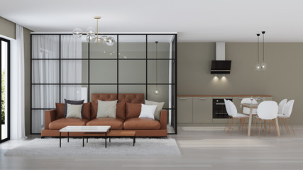 Modern house interior. Bedroom with glass partitions.  3D rendering.