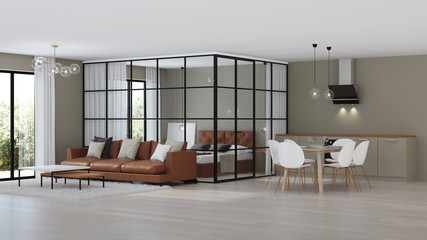 Modern house interior. Bedroom with glass partitions.  3D rendering.