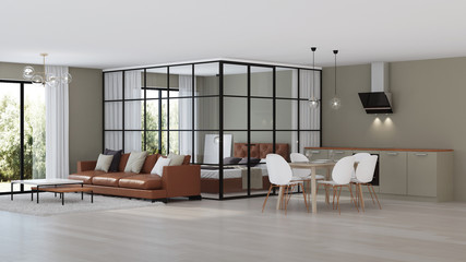 Modern house interior. Bedroom with glass partitions.  3D rendering.
