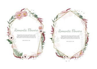 Set of card with leaves and geometrical frame.