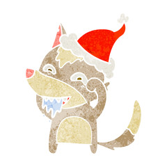 retro cartoon of a hungry wolf wearing santa hat