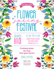 Flower spring festival announcing poster template. Garden party layout with fancy flowers in folk painting style. - 254401231