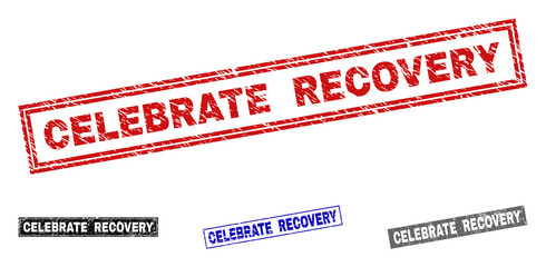 Grunge CELEBRATE RECOVERY rectangle stamp seals isolated on a white background. Rectangular seals with grunge texture in red, blue, black and gray colors.