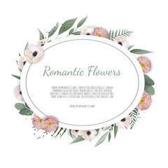 Vector floral design card. Greeting, postcard wedding invite template. Elegant frame with rose and anemone