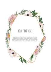 Vector floral design card. Greeting, postcard wedding invite template. Elegant frame with rose and anemone