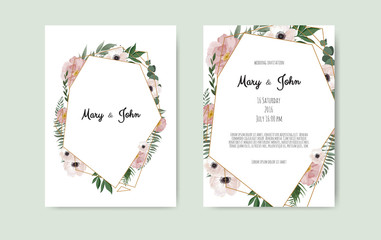 Botanical wedding invitation card template design, white and pink flowers on white background.