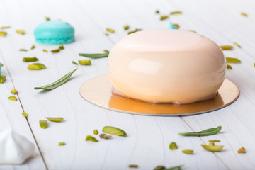 French mousse cake covered with mirror glaze
