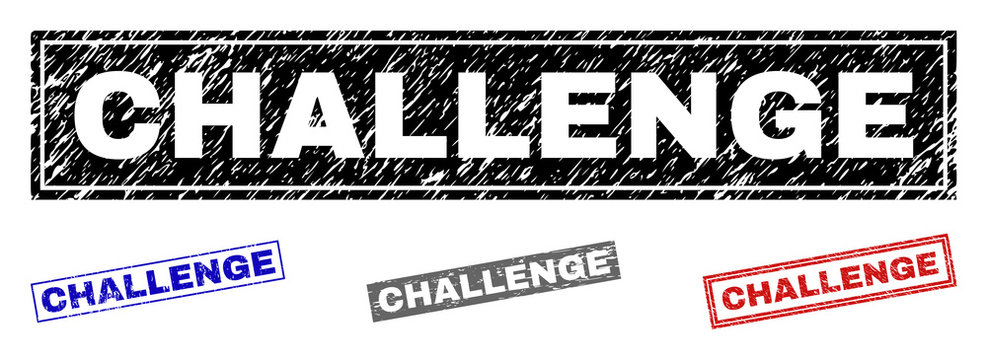 Grunge CHALLENGE rectangle stamp seals isolated on a white background. Rectangular seals with grunge texture in red, blue, black and gray colors.
