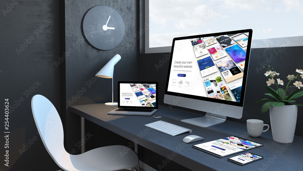 Aufkleber navy blue workspace with responsive devices builder responsive design website