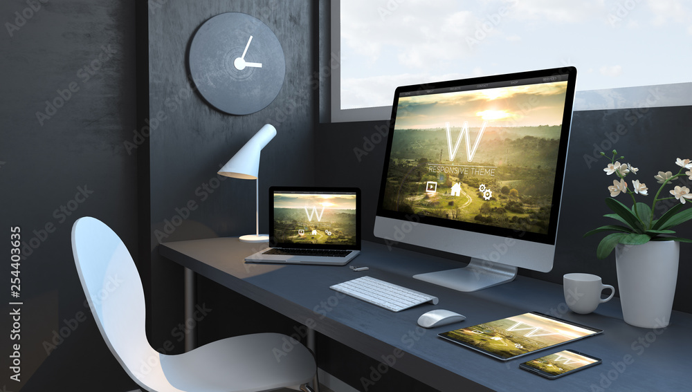 Poster navy blue workspace with responsive devices responsive design website
