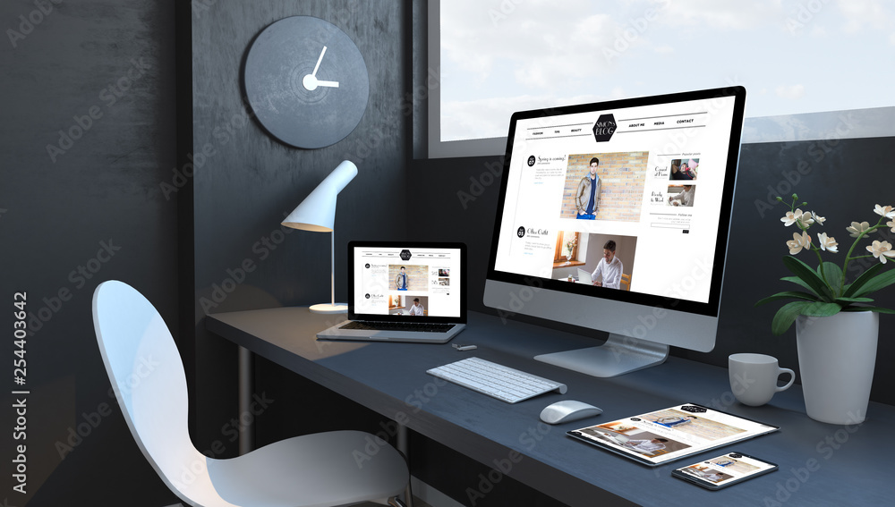 Poster navy blue workspace with responsive devices blog responsive design website