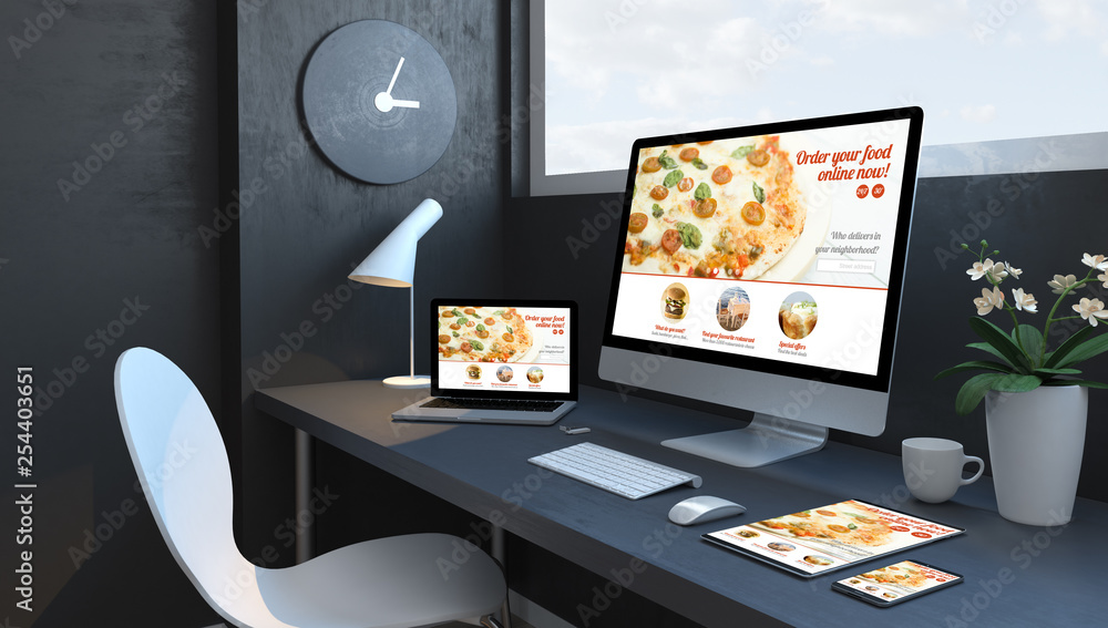 Canvas Prints navy blue workspace with responsive devices order food responsive design website