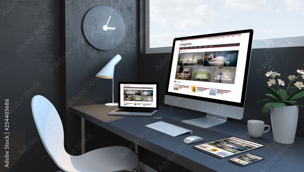 Wall mural navy blue workspace with responsive devices trends magazine website