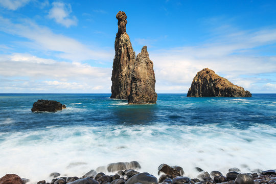 Beautiful rock formations in the ocean at Ribeira da Janela near Porto Moniz on the island Madeira