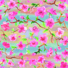 Seamless pattern. Sakura branches - watercolor, pink flowers, green leaves, brown bark - against the background of a pink and blue sky, painted in oil. Wallpaper, print for fabric and paper, postcard.