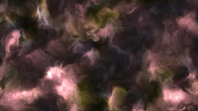 Loopable 4k video of stormy pink and yellow clouds in a nebula in space, slowly moving, forming and dissolving, 4k, 3840p, 24fps